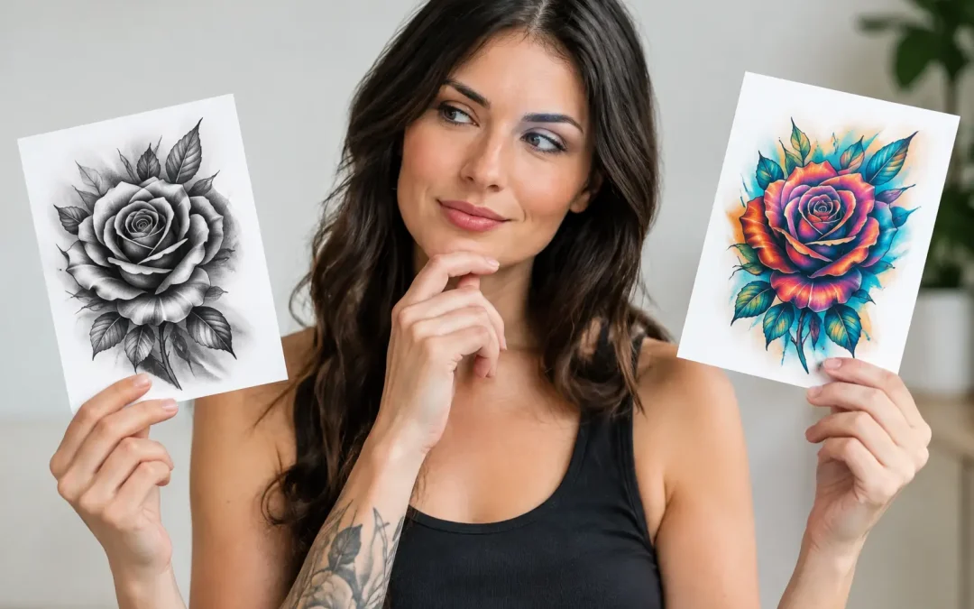 Zwartgrijs versus kleuren tattoo kiezen